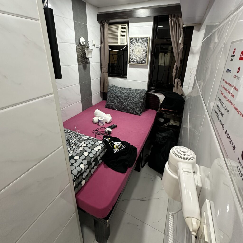 Tiny shoebox room at the Hong Kong Chungking Mansions. Icon Inn Guesthouse.